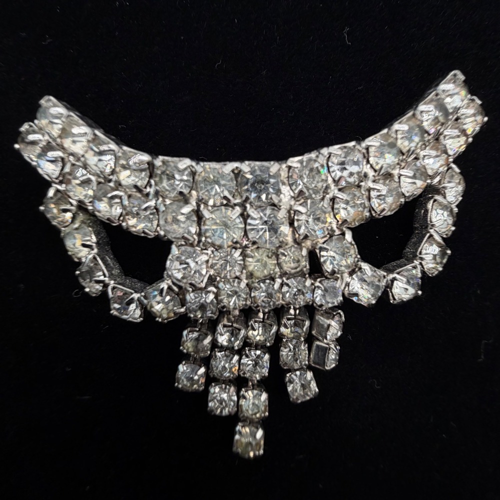 Vintage Rhinestone Fur Clip Dress Clip Art Deco Pot Metal Dangle Brooch
